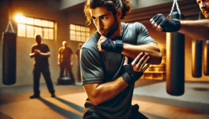 The practitioner, a person of diverse descent, is performing a self-defense Krav Maga Martial Arts move in a controlled, training environment. They are executing techniques like breaking free from an attacker’s grip or using an object for defense.