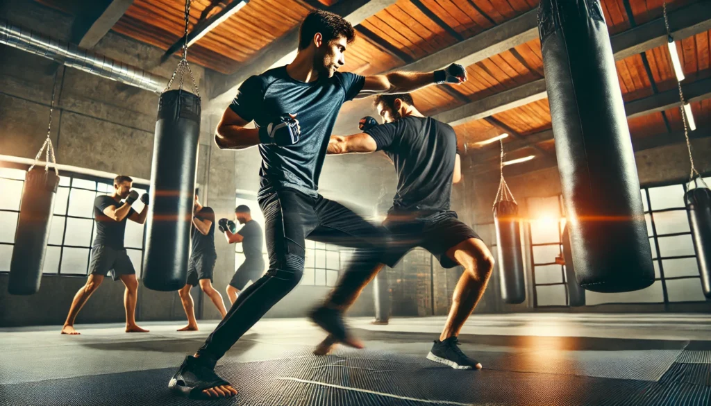 a person practicing Krav Maga in a dynamic training scenario, where they are sparring with a partner in a gym. The person is in athletic clothing, performing defensive and offensive techniques like blocking an incoming punch and executing a knee strike. 