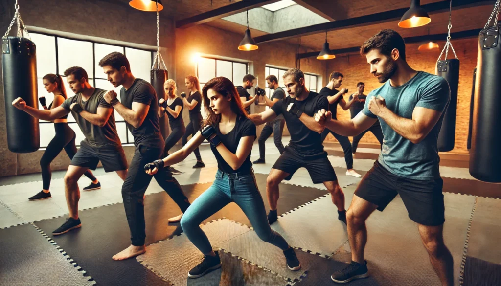  a diverse group of people training in Krav Maga, each with different expressions of focus, determination, and confidence. They are practicing various self-defense techniques in a spacious gym, working with a partner.