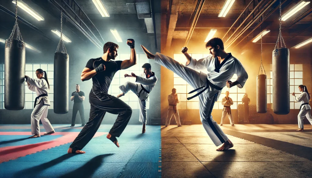 On one side, a person is practicing Krav Maga, performing rapid self-defense moves like defending against an attacker’s strike and countering with a knee strike. On the other side, a person is practicing a traditional martial art like taekwondo, demonstrating high, precise kicks.