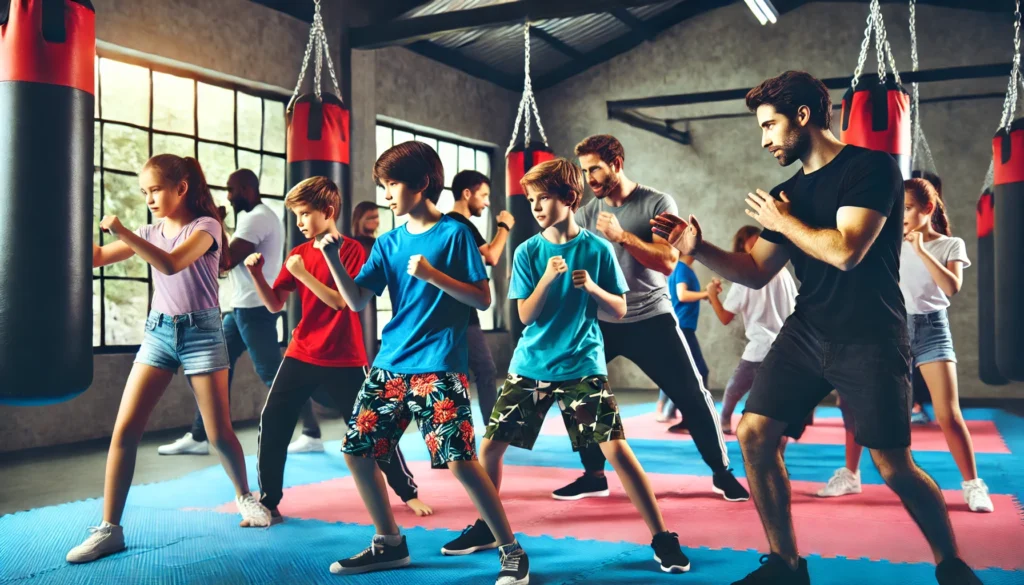 A vibrant and energetic image showing kids and teens learning Krav Maga in a gym setting.