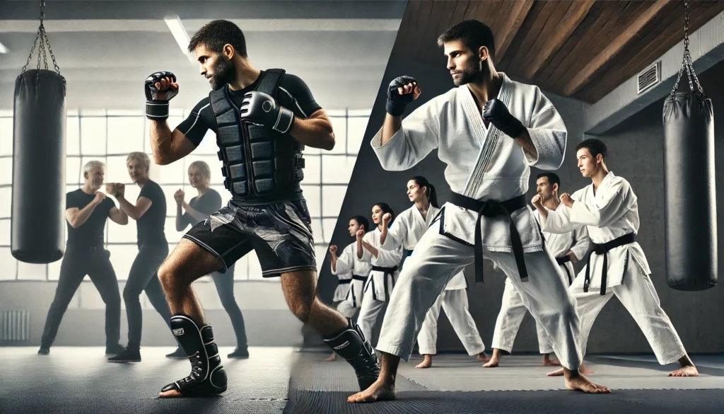 A split image showing two martial artists in an indoor setting. On the left, a Krav Maga practitioner wearing MMA or boxing gear, practicing a boxing move with focus and intensity. In the background, a group of people are following an instructor demonstrating Krav Maga techniques. On the right, a Karate instructor is leading a class, performing a move in front of a group of students, all wearing traditional white gi with black belts. The students are following the instructor’s lead, practicing a Karate technique in a dojo-style environment.