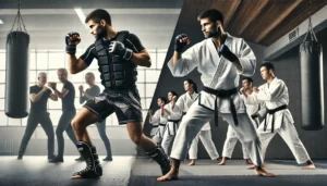 A split image showing two martial artists in an indoor setting. On the left, a Krav Maga practitioner wearing MMA or boxing gear, practicing a boxing move with focus and intensity. In the background, a group of people are following an instructor demonstrating Krav Maga techniques. On the right, a Karate instructor is leading a class, performing a move in front of a group of students, all wearing traditional white gi with black belts. The students are following the instructor’s lead, practicing a Karate technique in a dojo-style environment.