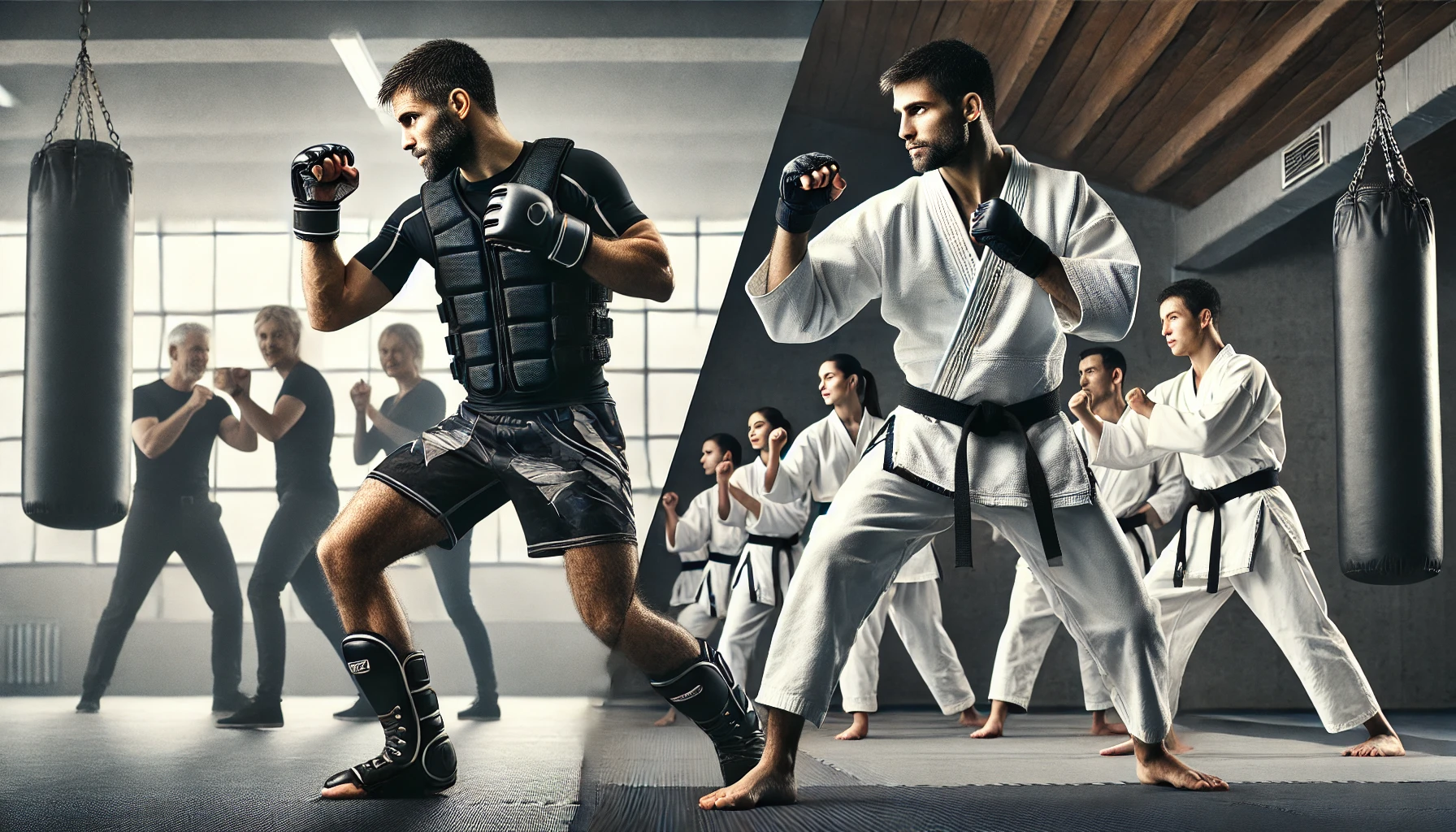 A split image showing two martial artists in an indoor setting. On the left, a Krav Maga practitioner wearing MMA or boxing gear, practicing a boxing move with focus and intensity. In the background, a group of people are following an instructor demonstrating Krav Maga techniques. On the right, a Karate instructor is leading a class, performing a move in front of a group of students, all wearing traditional white gi with black belts. The students are following the instructor’s lead, practicing a Karate technique in a dojo-style environment.
