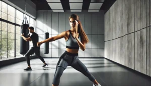 A confident young woman in modern athletic wear is training in Krav Maga. She is mid-action, practicing a defensive move against a mock attacker in a sleek, modern training gym. The environment feels contemporary with a subtle futuristic touch, clean and minimalistic to suggest the year 2025. The atmosphere emphasizes empowerment, strength, and practicality rather than aggression, highlighting Krav Maga as an effective self-defense practice for women.