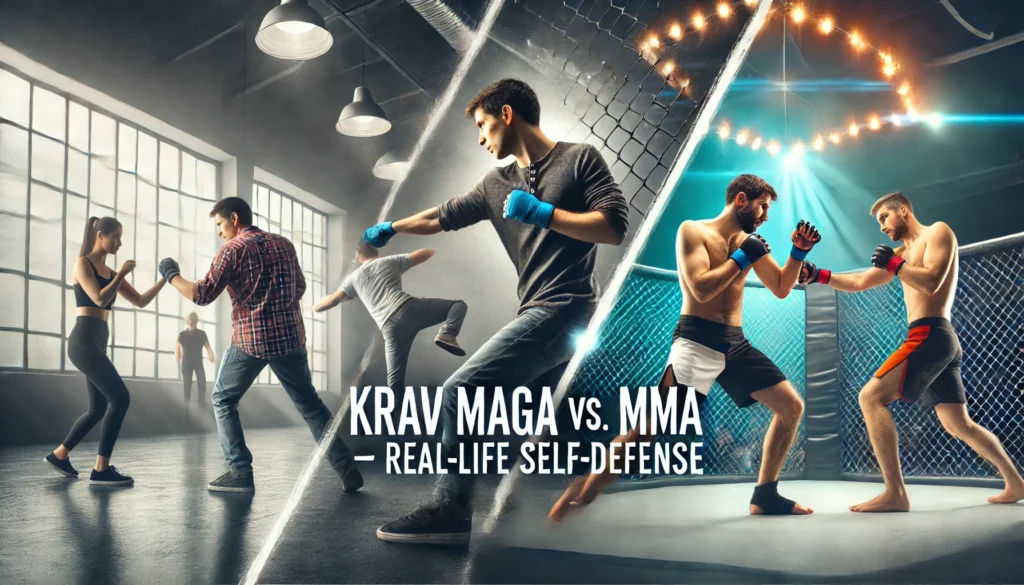 Split-scene header image: Left side: a Krav Maga practitioner in casual clothing trains indoors with a partner, practicing a realistic self-defense release technique. The focus is on practical movement and everyday defense. Bright but gritty training hall setting. Right side: two MMA fighters inside an octagon cage under bright arena lights, one throwing a punch while the other blocks, showing competitive sport technique. 
